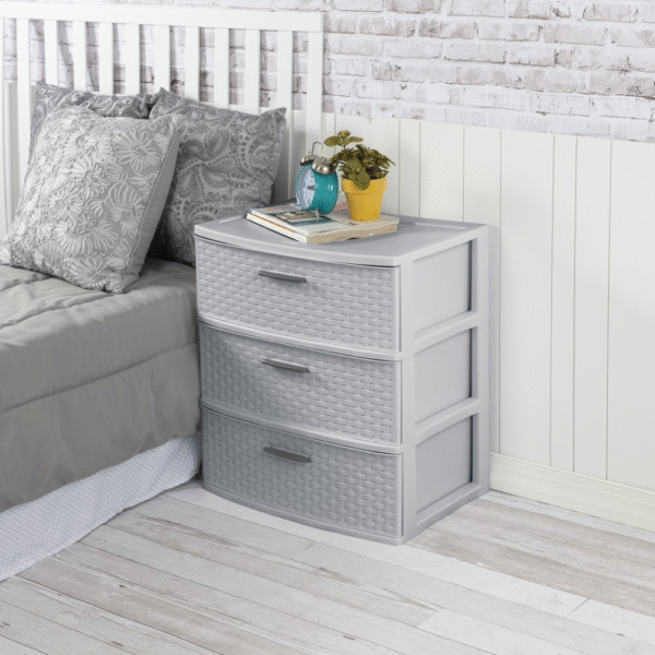 Stylish 3 Drawer Wide Weave Storage Tower Plastic Home Office Furniture Decor